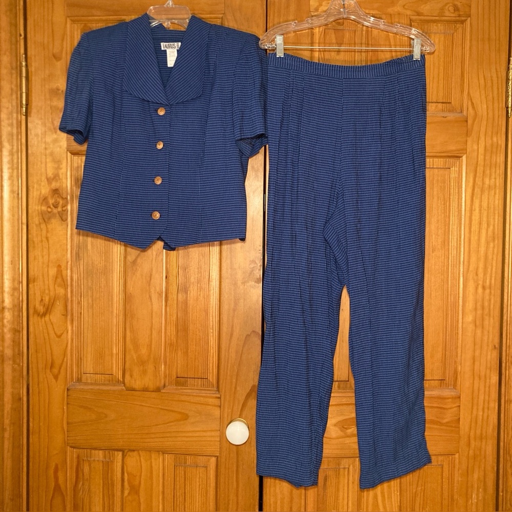 NWOT Taurus II Vintage 90s Short Sleeve Blouse and Pant Set Blue Size 14P